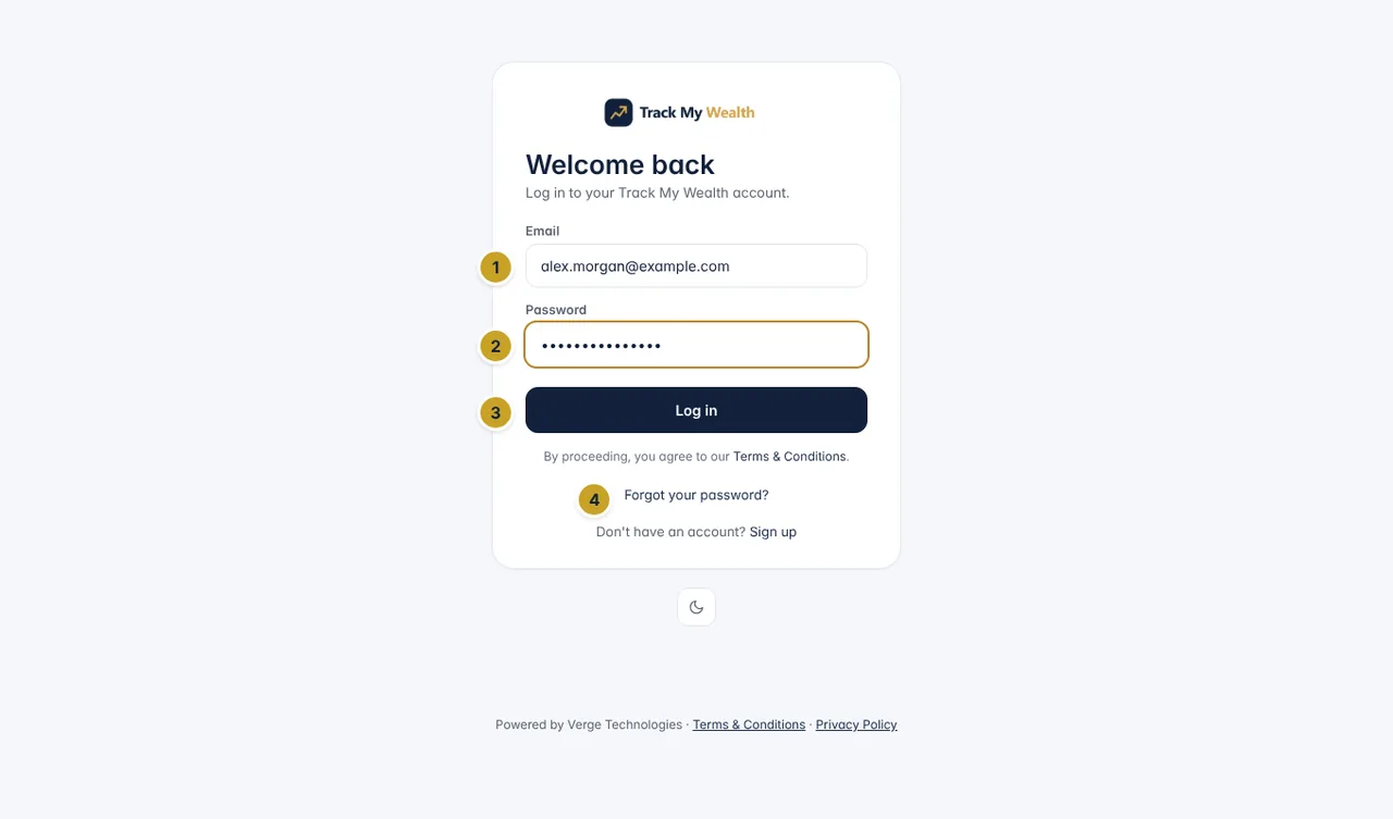 The Track My Wealth log-in page with email and password fields, a Log in button and a Forgot your password link.