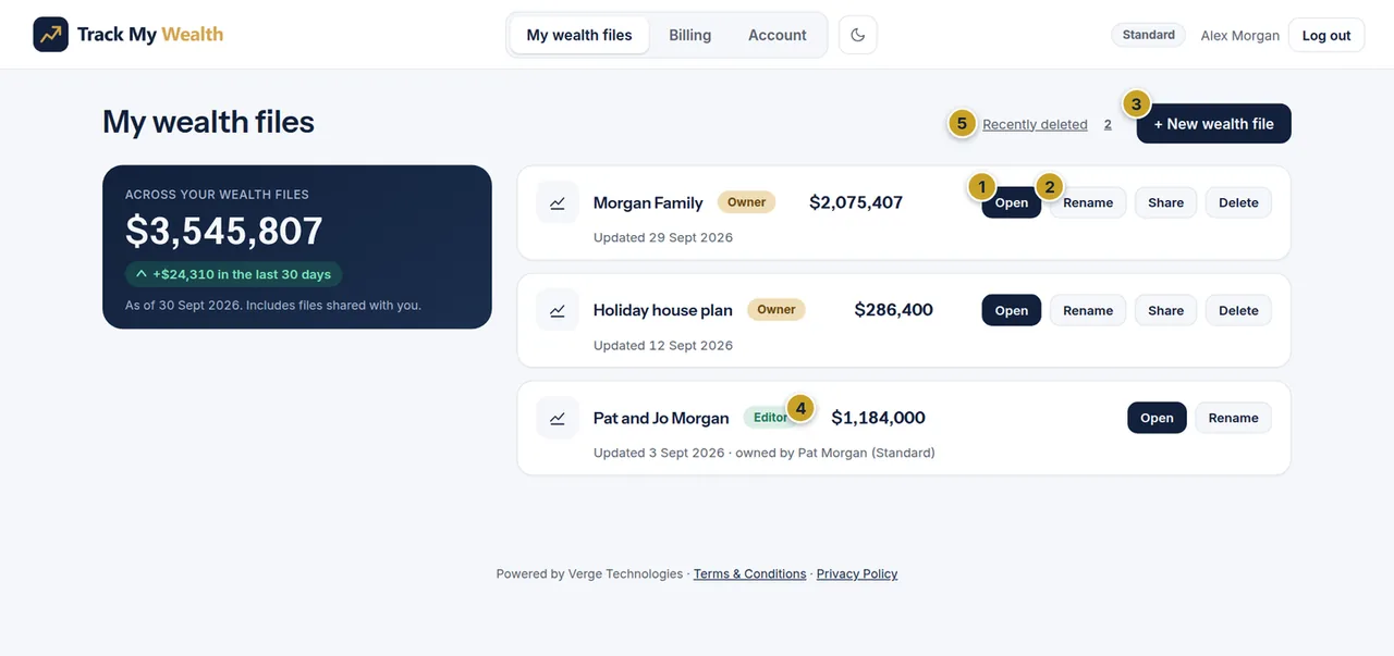 The My wealth files page listing two owned wealth files and one file shared by another person as Editor.