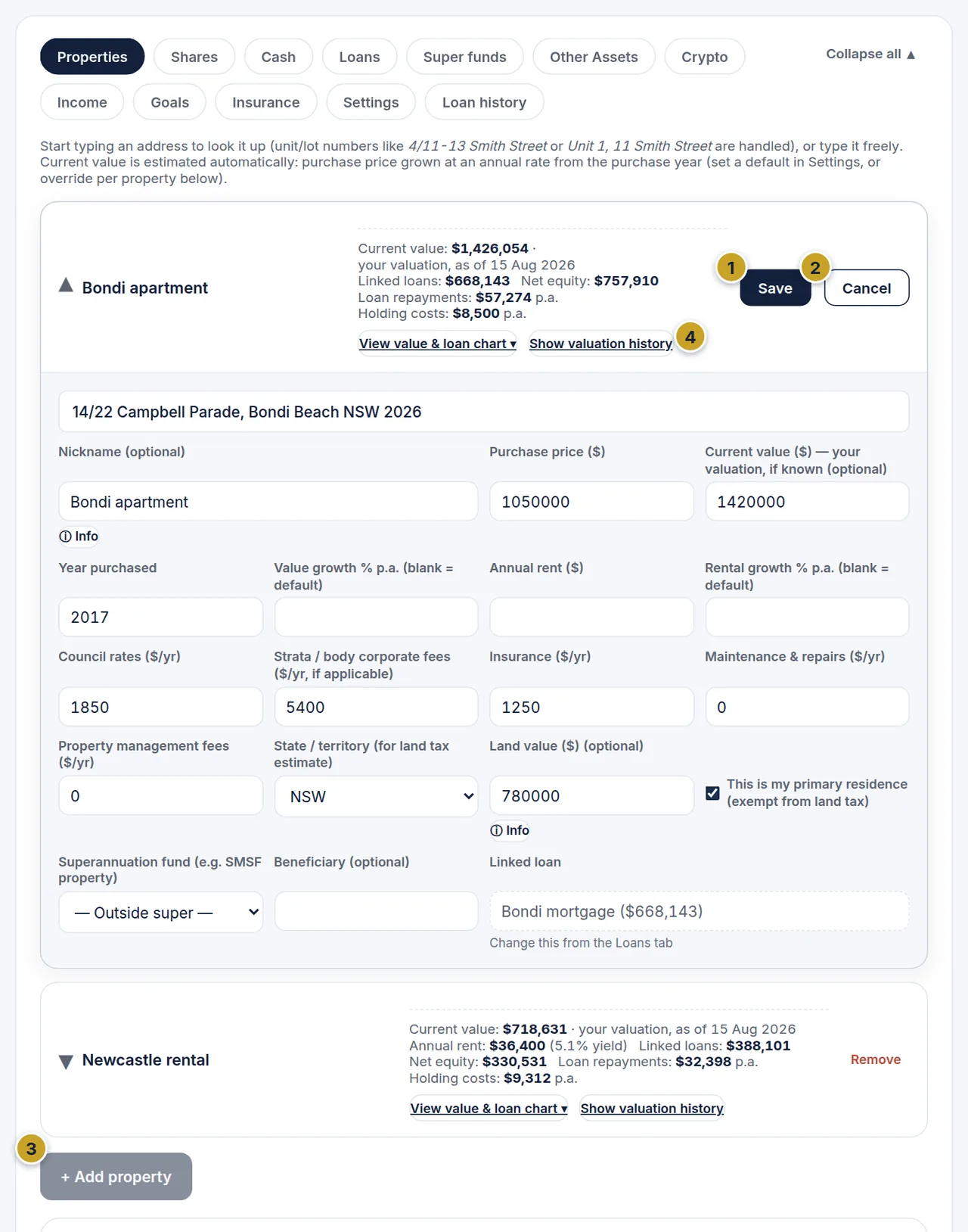 A property open for editing with Save and Cancel buttons and the Add property button greyed out.