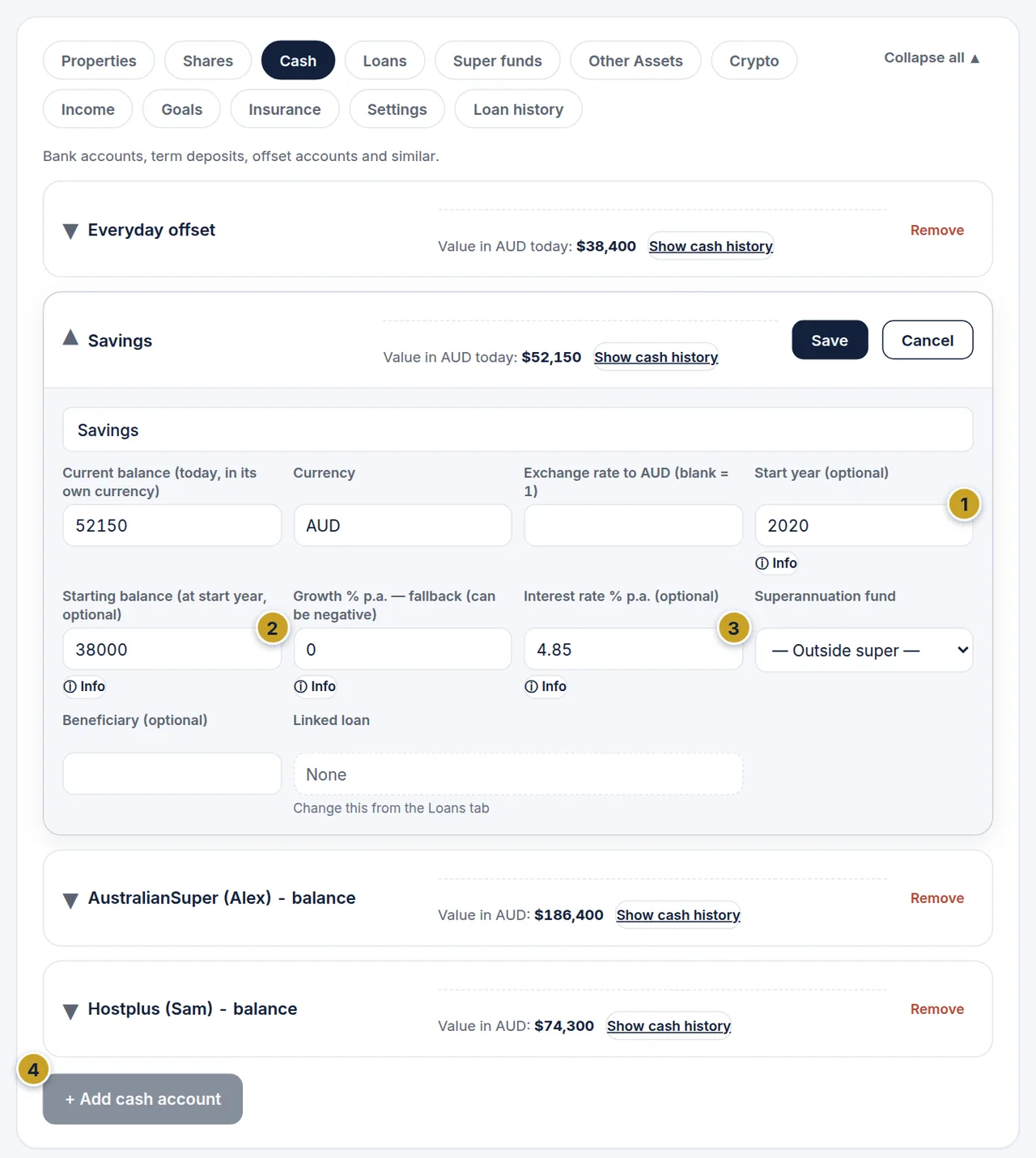 The Cash tab with the Savings account open showing currency, start year, starting balance and interest rate fields.