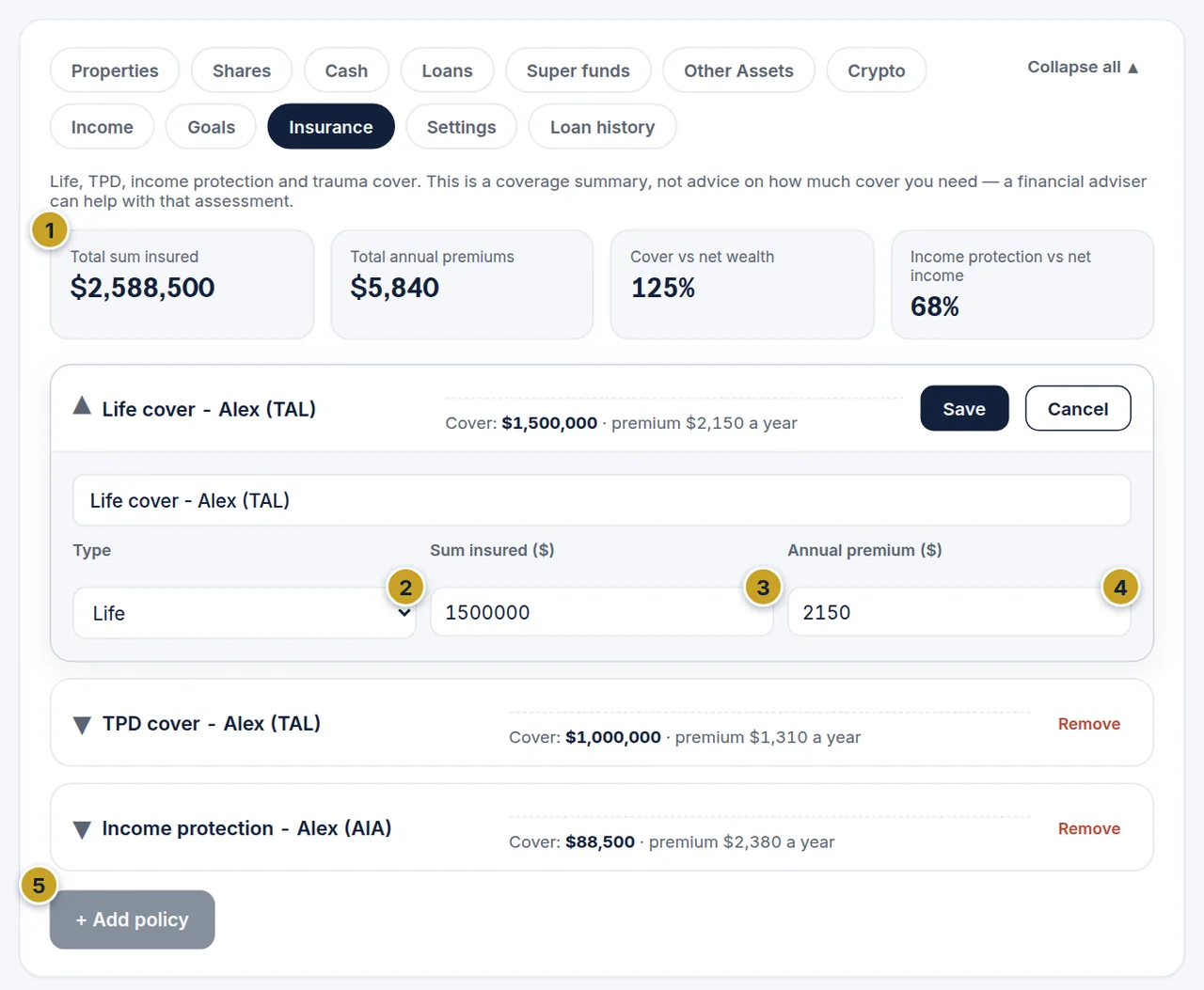 The Insurance tab with cover summary tiles and a life policy open showing type, sum insured and annual premium.