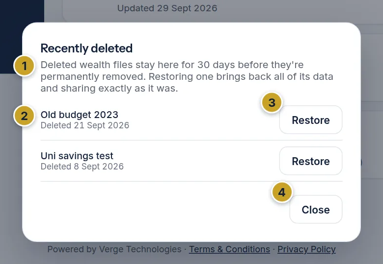 The Recently deleted panel listing two deleted wealth files, each with a Restore button, and the 30-day recovery wording.
