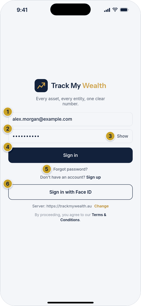 The Track My Wealth sign-in screen with email and password fields, a Show link, the Sign in button and a Sign in with Face ID button.