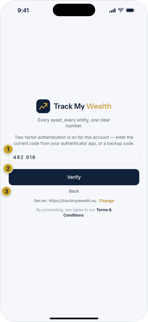 The sign-in screen asking for a 6-digit authenticator code, with a Verify button and a Back link.
