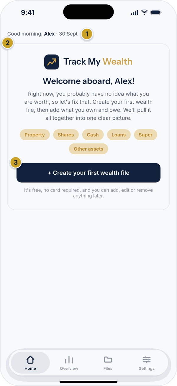 The Home tab for a new account showing a welcome card and a Create your first wealth file button.