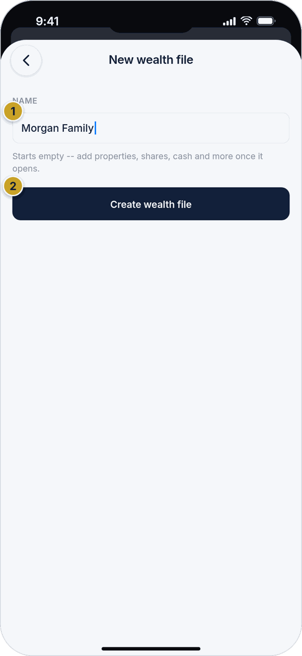 The New wealth file screen with a Name field and a Create wealth file button.