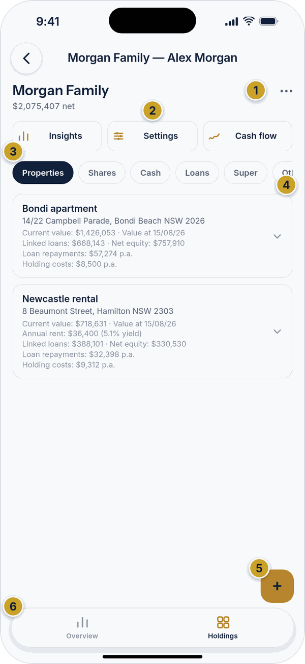 A wealth file in Holdings view with quick-action buttons, category chips, a property entry and the gold add button.