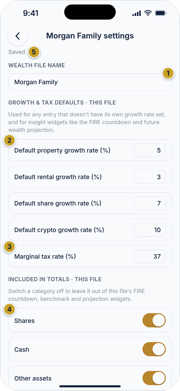The top of the wealth file Settings screen with the file name, growth and tax defaults and the included-in-totals switches.