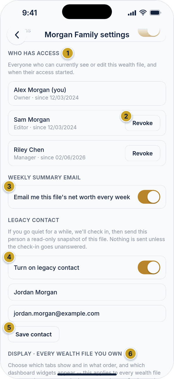 The lower part of the Settings screen with the access list, weekly email switch, legacy contact and Display section.