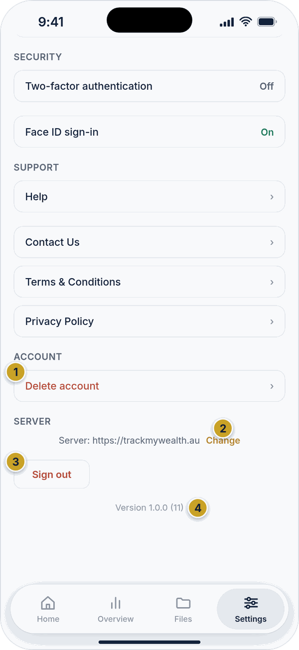 The bottom of Settings with Delete account, the Server address, Sign out and the app version.