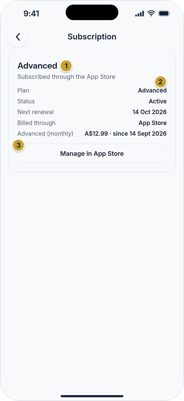 The subscription status screen showing the plan, status, next renewal, billed through and a Manage in App Store button.