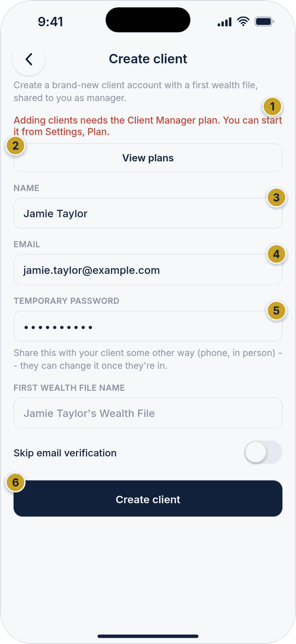 The Create client screen with a message that adding clients needs the Client Manager plan, a View plans button and fields for the client.