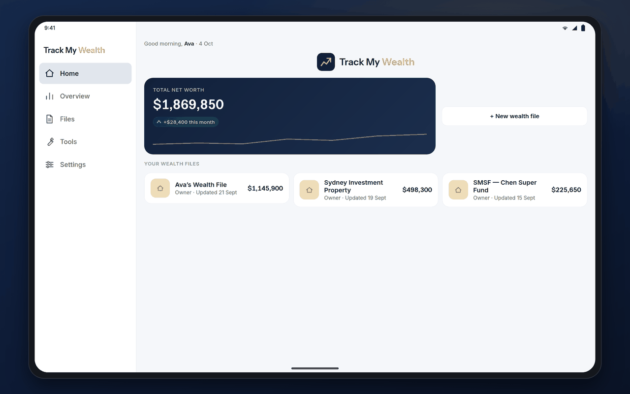 The Home screen on a tablet with the sidebar on the left and the net worth card and wealth files on the right.