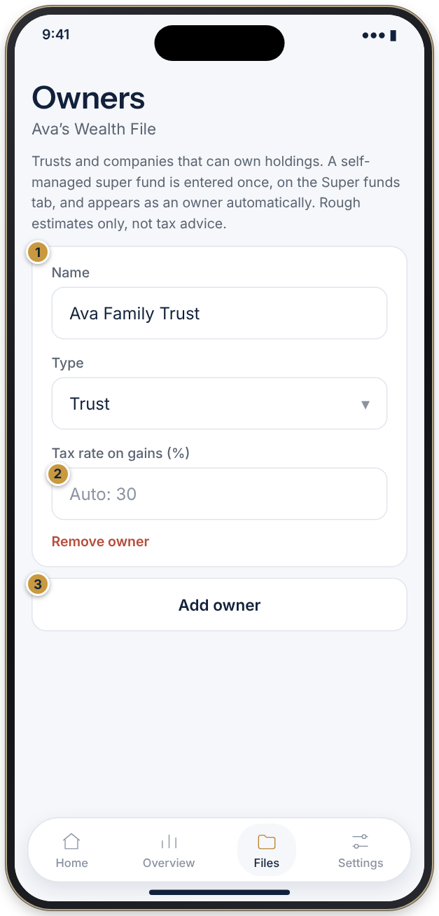 The Owners screen listing a family trust and a company, each with a type and a tax rate on gains, and an Add owner button.