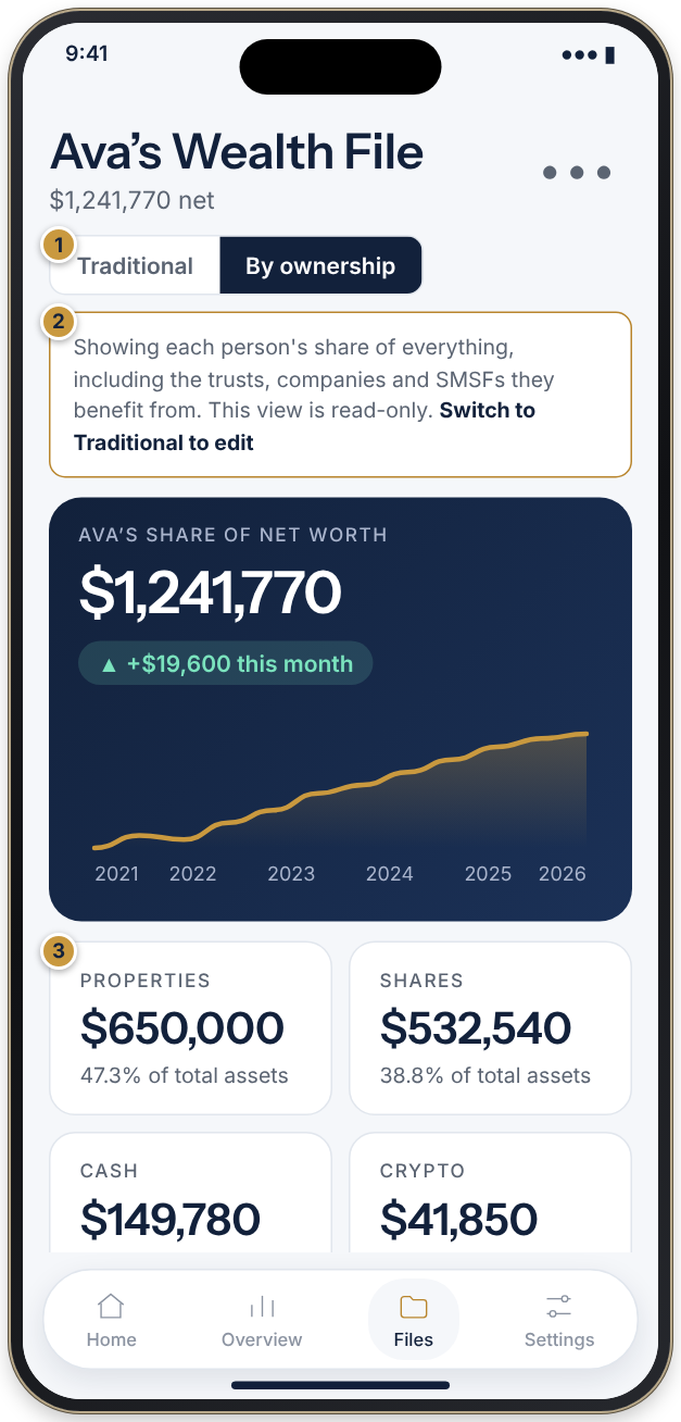 The By ownership view with a Traditional and By ownership switch, a read-only banner and each person's share of properties, shares, cash and loans.