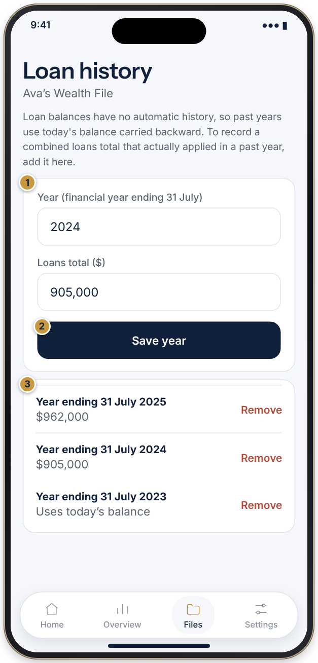 The Loan history screen with a year and a loans total field, a Save year button and a list of recorded years.